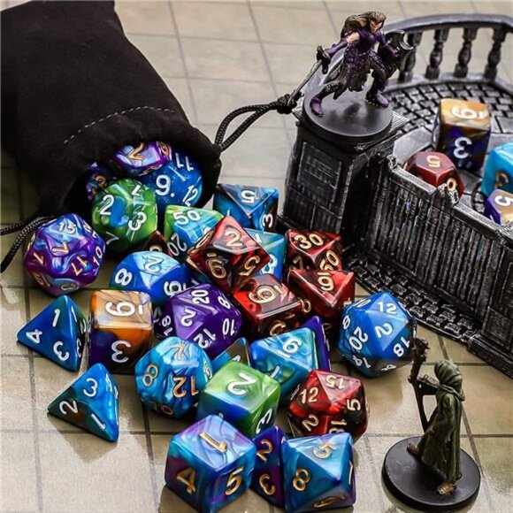 Polyhedral Dice Set (35 Pieces) with Black Pouches, 5 Complete Double-Colors - Picture 5 of 7